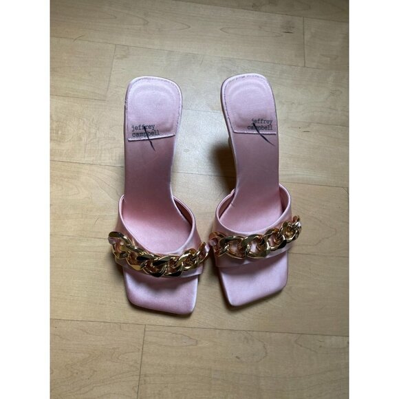 JEFFREY Campbell "Mr Big Chain" pink satin gold chain sandals sz 7 NEW - Picture 2 of 9